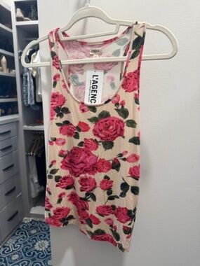 L'AGENCE Floral Rose Tank Top Womens Pink Ivory Sleeveless Stretch Knit Y2K XS